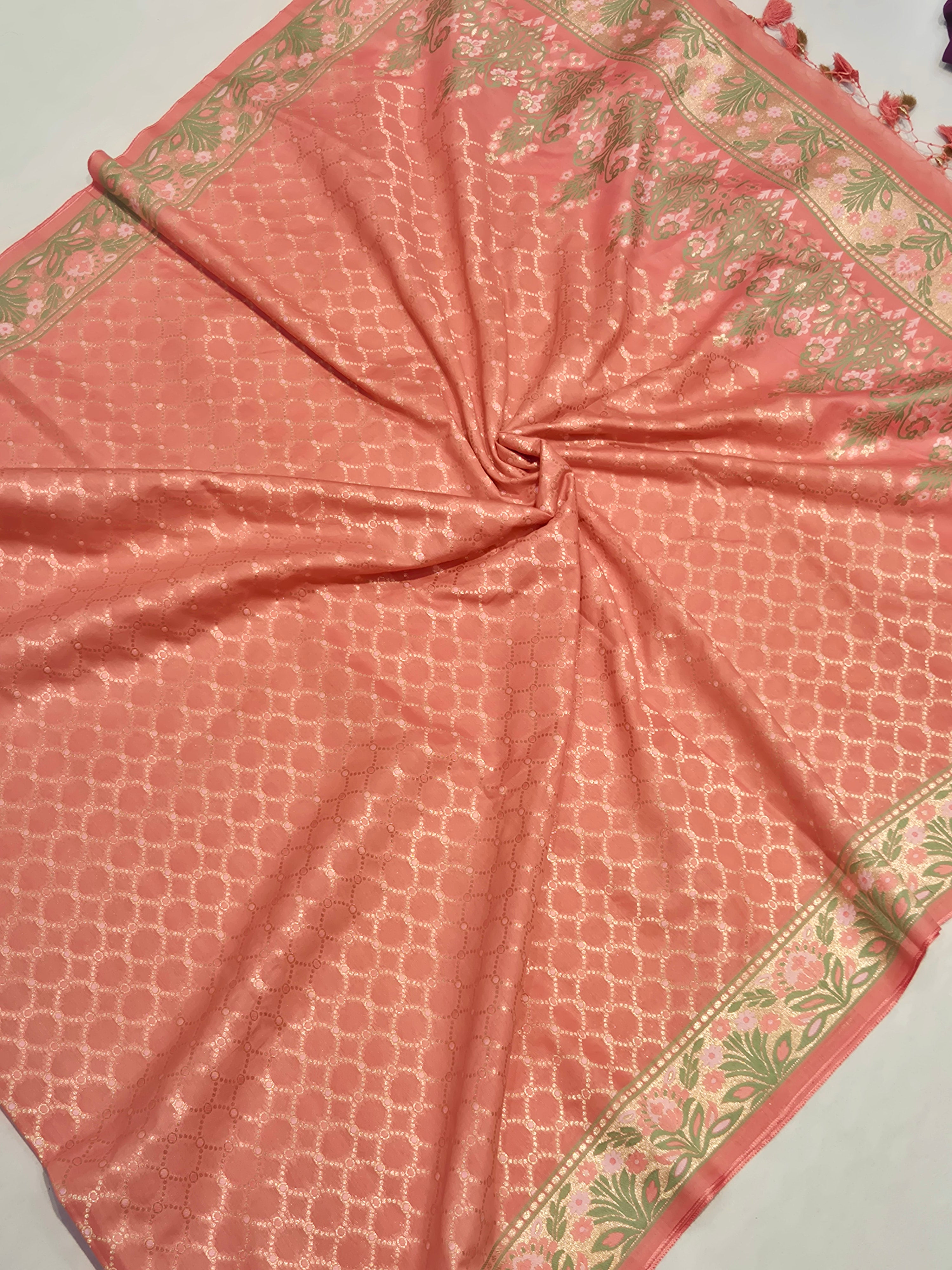 Banarasi Pure Cotton Suit Set - Peach