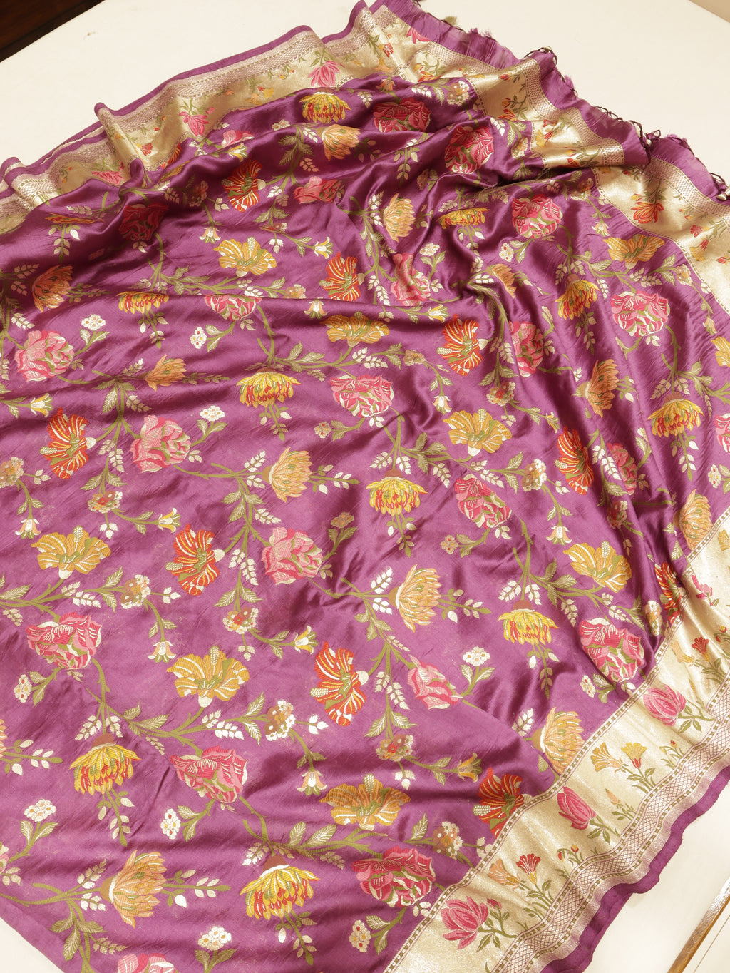 Red Pure Moonga Silk Handloom Suit Set with Contrast Dupatta