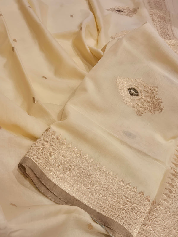 Handloom Moonga Silk Dupatta - Cream with Olive Border