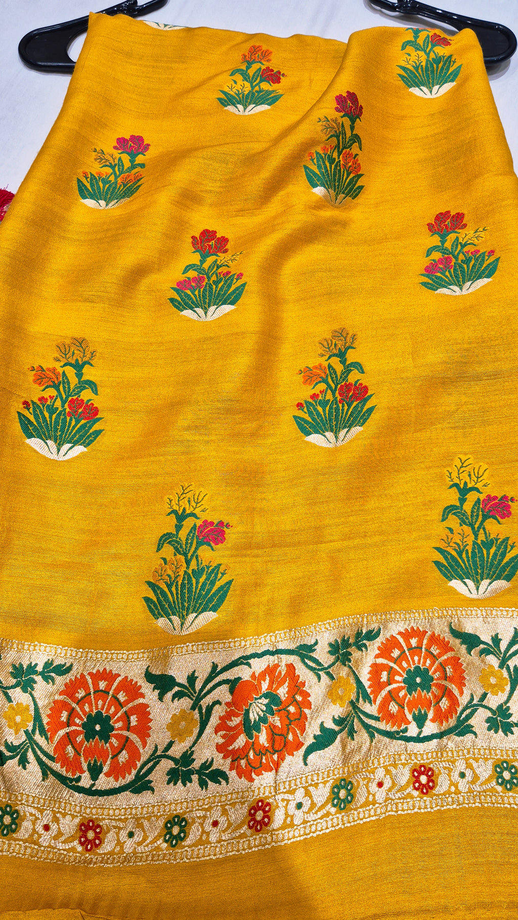 Yellow Pure Moonga Silk Handloom Suit Set with Contrast Dupatta