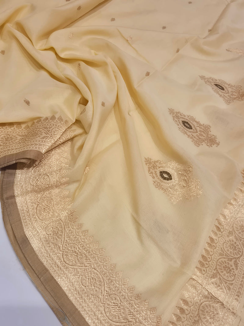 Handloom Moonga Silk Dupatta - Cream with Olive Border