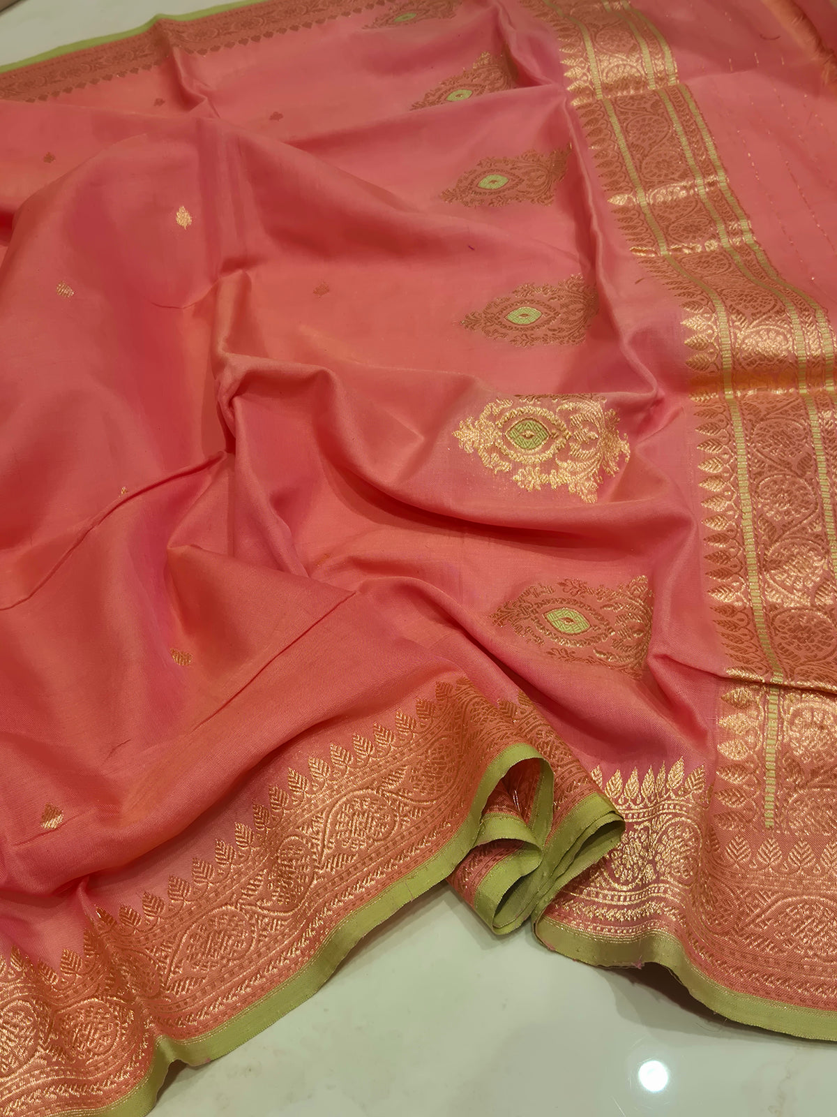 Handloom Moonga Silk Dupatta - Candy Pink with Parrot Green Border
