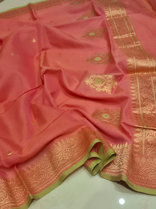 Handloom Moonga Silk Dupatta - Candy Pink with Parrot Green Border