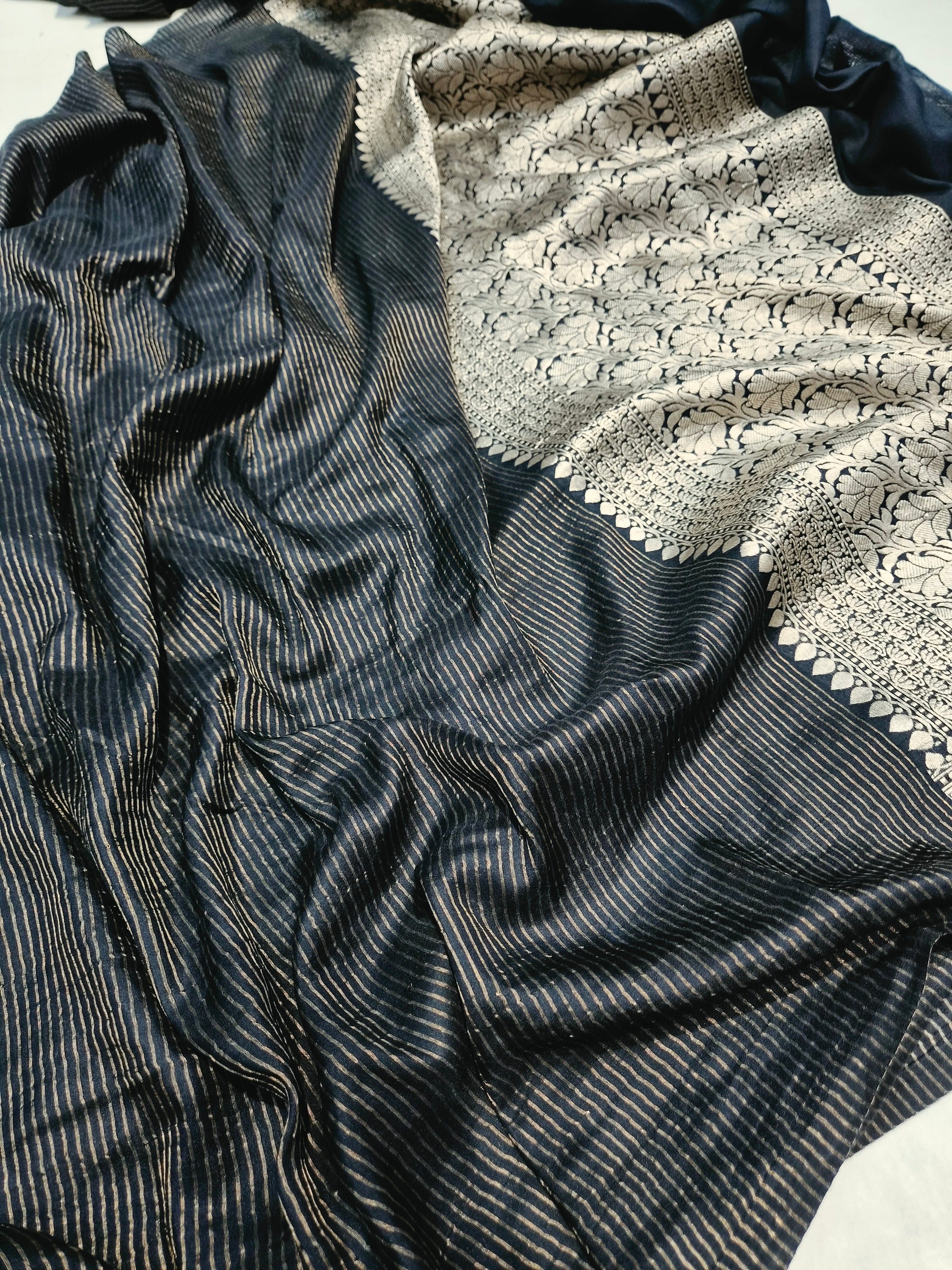 Striped Chiniya Silk Saree in Black Colour