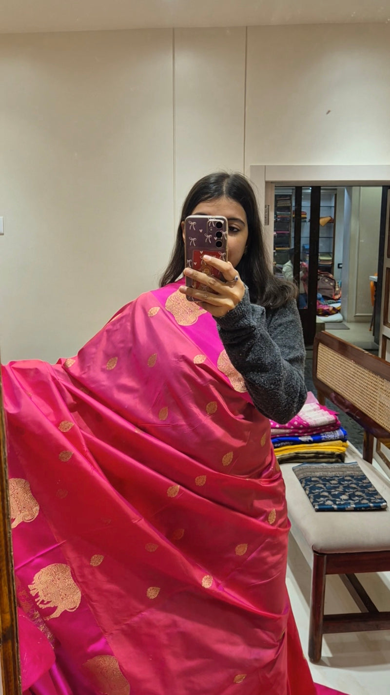 Handloom Pure Katan Silk Saree with Pichwai Cow Border