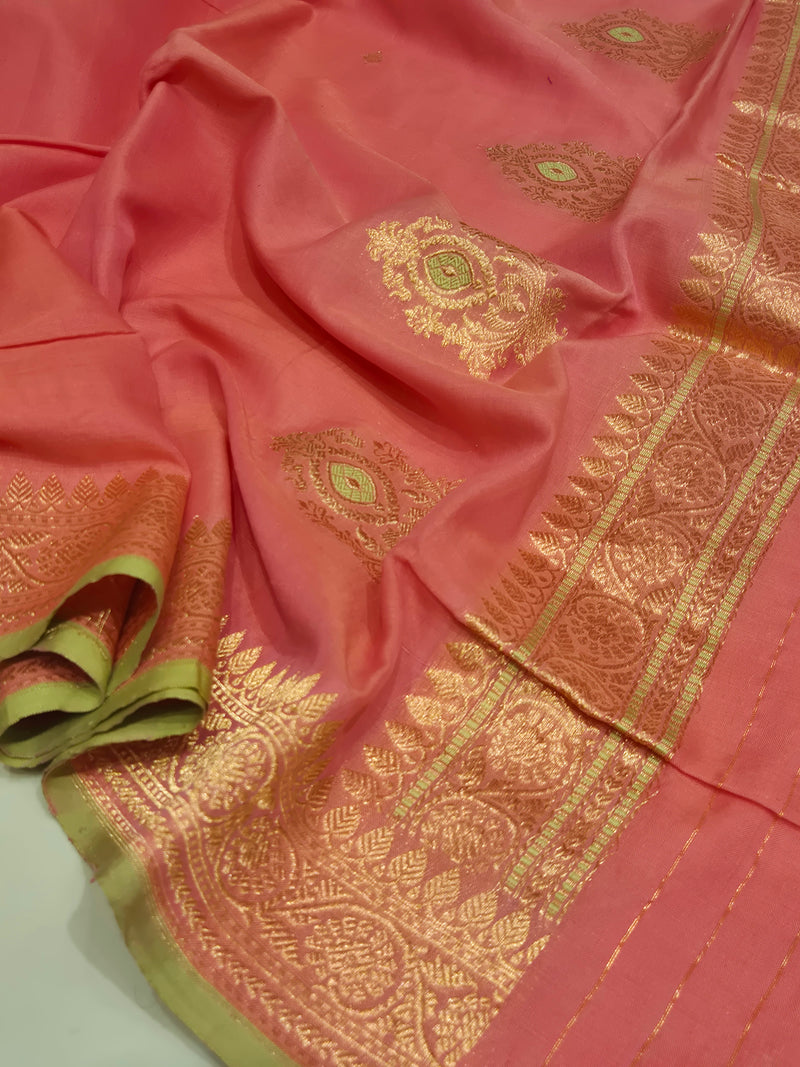 Handloom Moonga Silk Dupatta - Candy Pink with Parrot Green Border