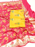 Pre-Order : Yellow Pure Moonga Silk Handloom Suit Set with Contrast Dupatta