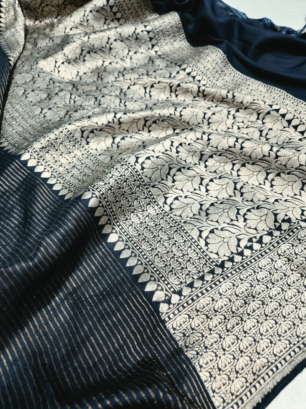 Striped Chiniya Silk Saree in Black Colour