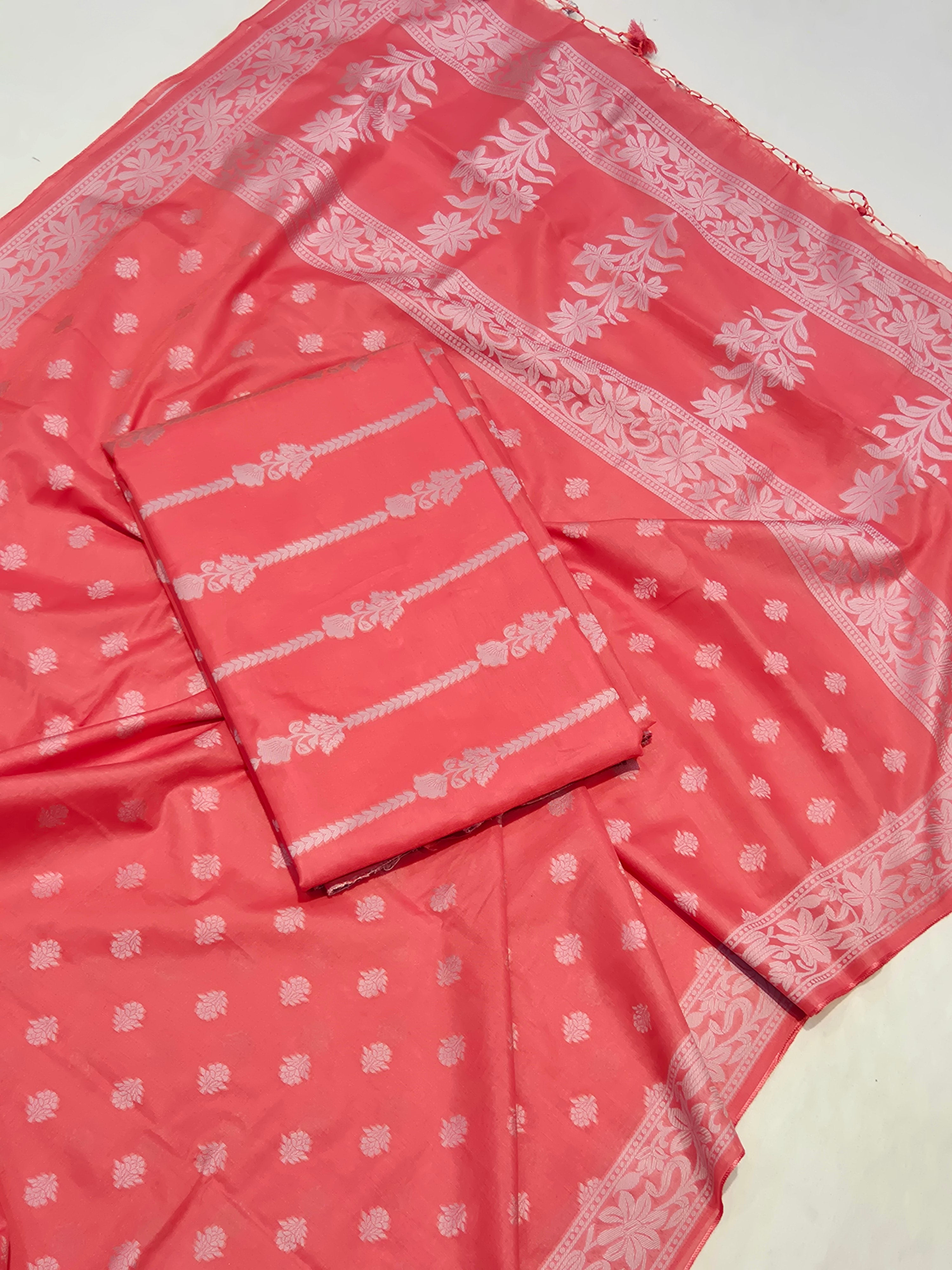 Banarasi Pure Cotton Suit Set - Carrot Pink