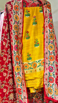 Yellow Pure Moonga Silk Handloom Suit Set with Contrast Dupatta