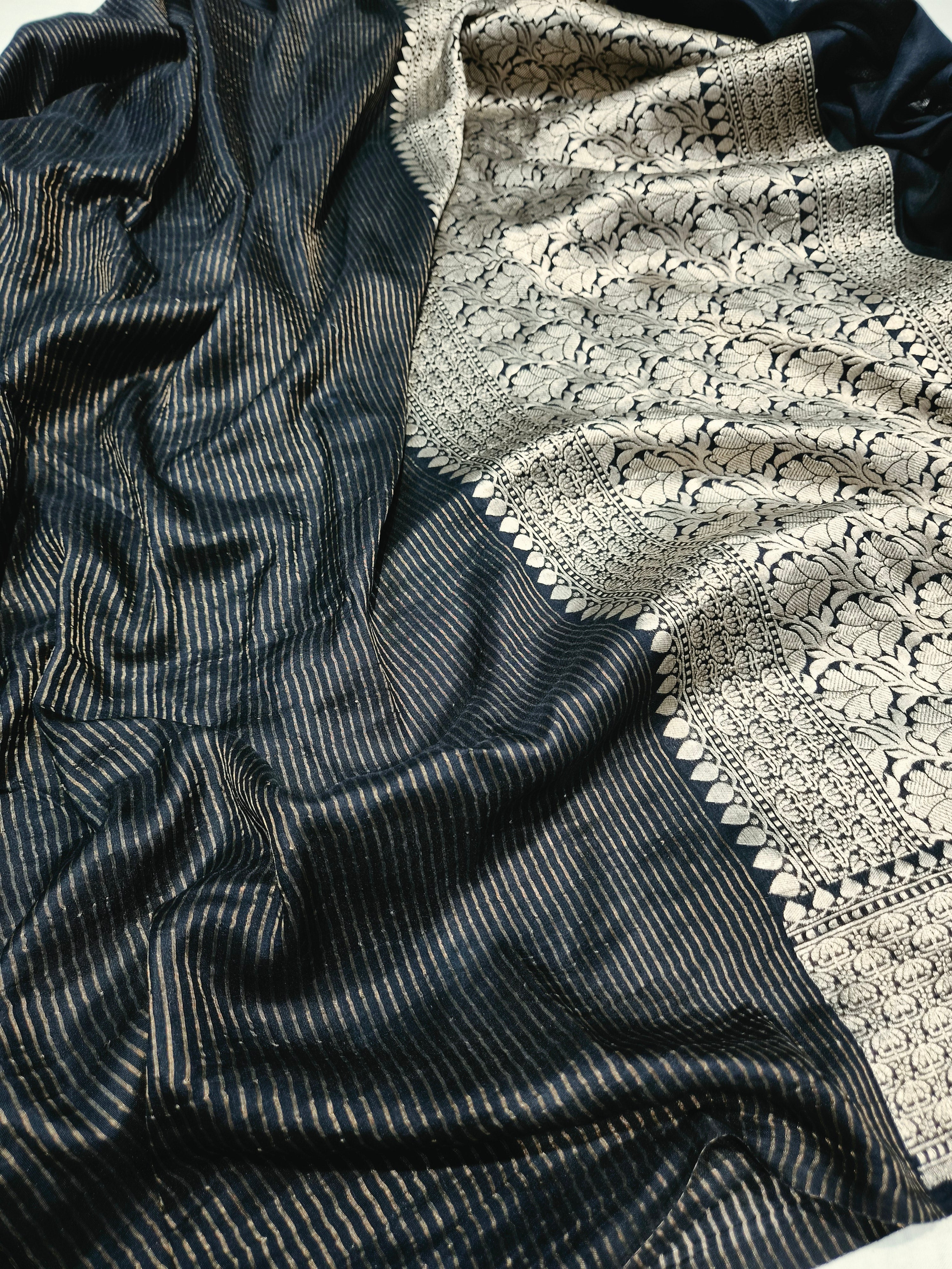 Striped Chiniya Silk Saree in Black Colour