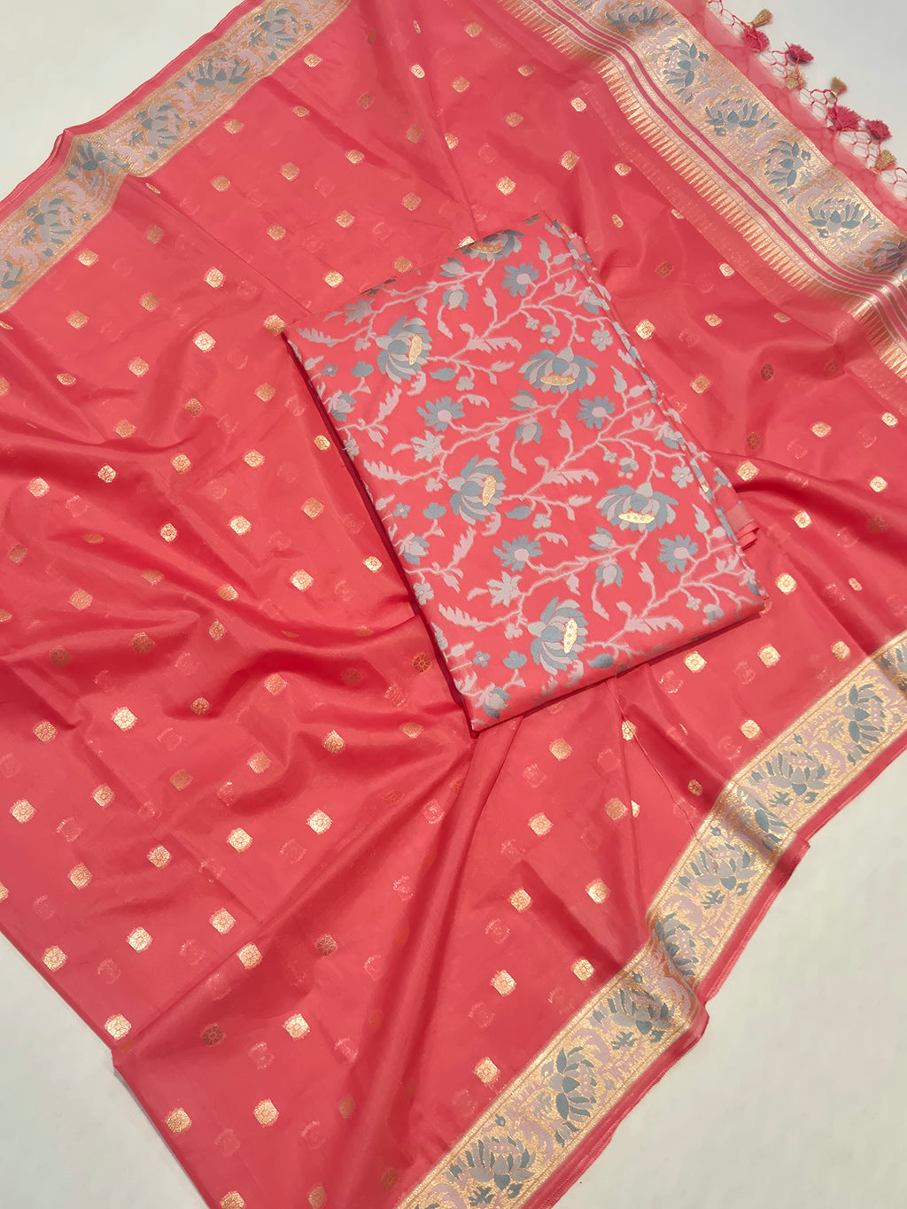 Banarasi Pure Cotton Suit Set - Peach