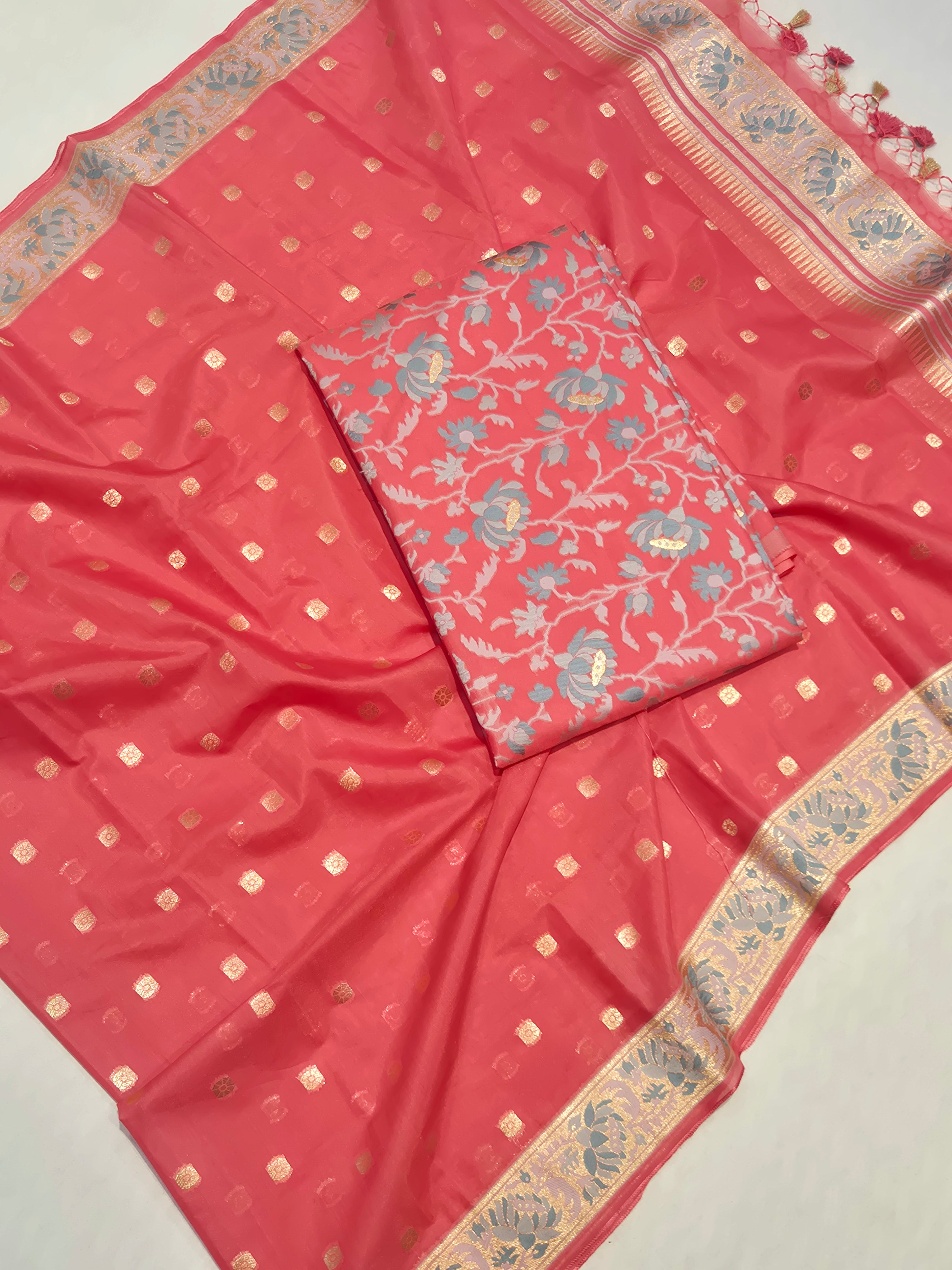 Banarasi Pure Cotton Suit Set - Peach