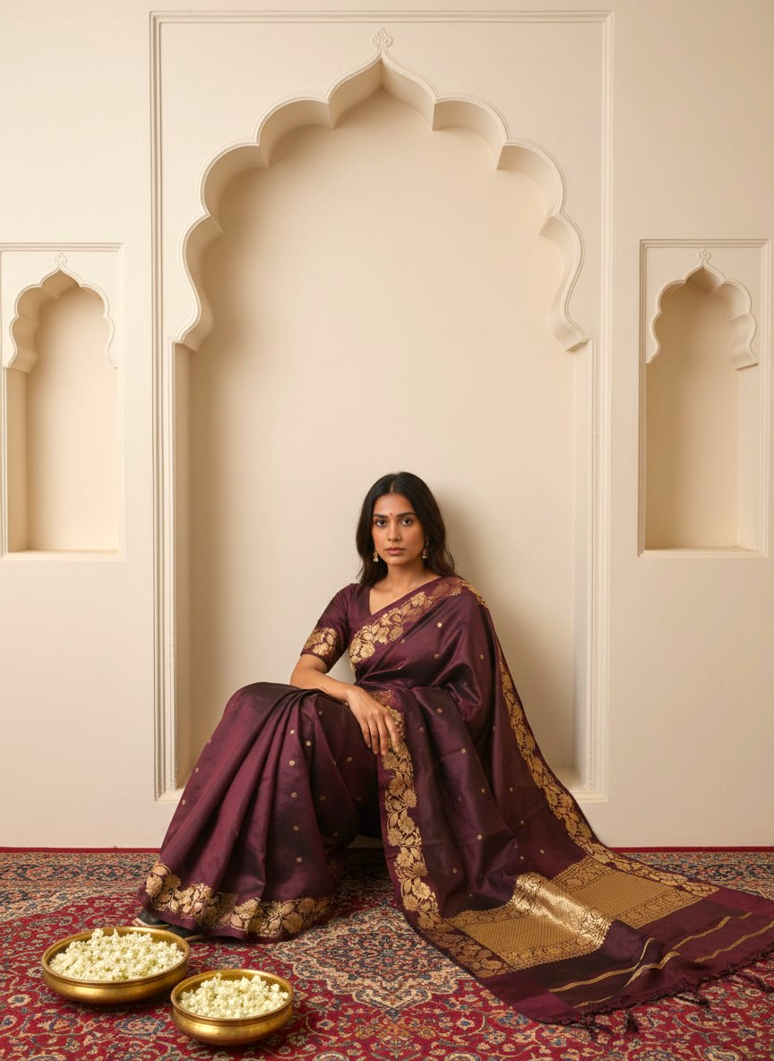 Pre-Order : Wine Pure Soft Katan Silk Handloom Saree with Stripes Blouse